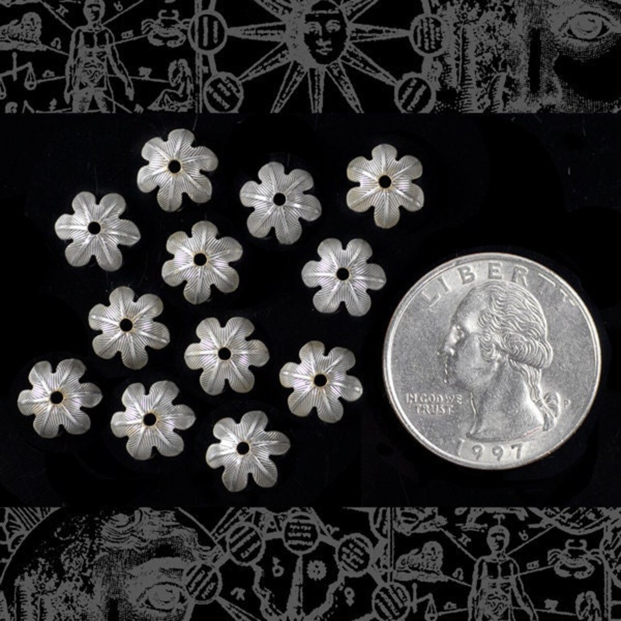 Antiqued Silver Plated Brass 8mm Floral Leafy Brass Bead Caps- Set of Twelve - S-BC12